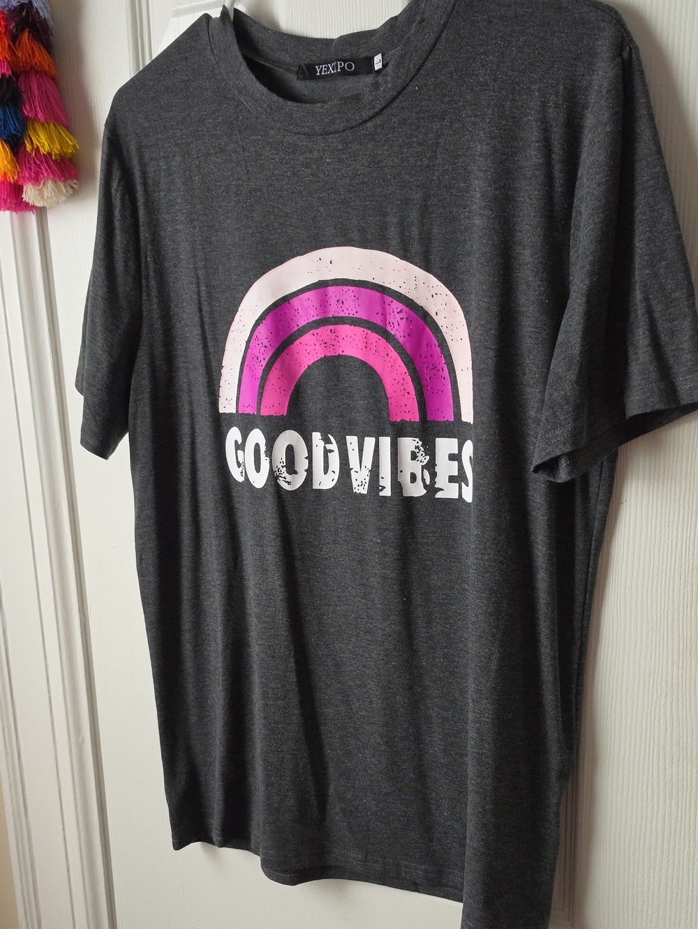 NWOT WOMEN'S "Good Vibes" Dark Gray T-Shirt with Pink Rainbow